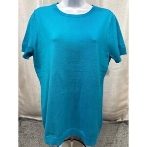 Lands End Womens Medium 10-12 Short Sleeve Sweater Turquoise Blue Crew Neck Knit